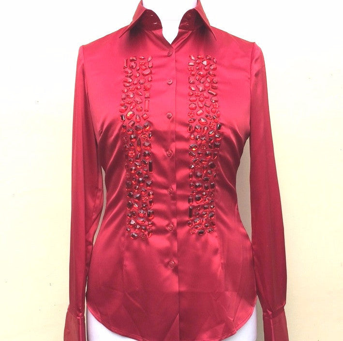 EMBROIDERED RED SATIN SHIRT - DOUBLE CUFF