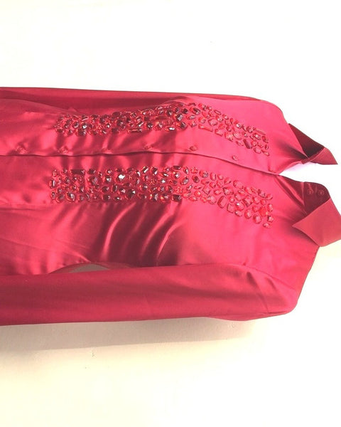 EMBROIDERED RED SATIN SHIRT - DOUBLE CUFF, size 12