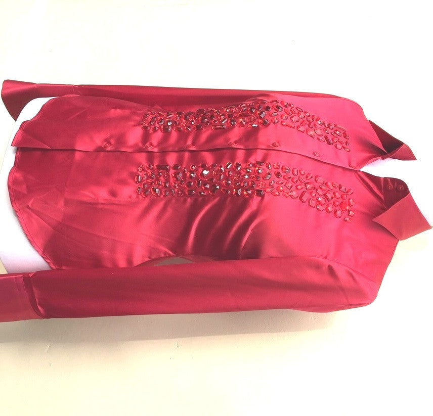 EMBROIDERED RED SATIN SHIRT - DOUBLE CUFF, size 14