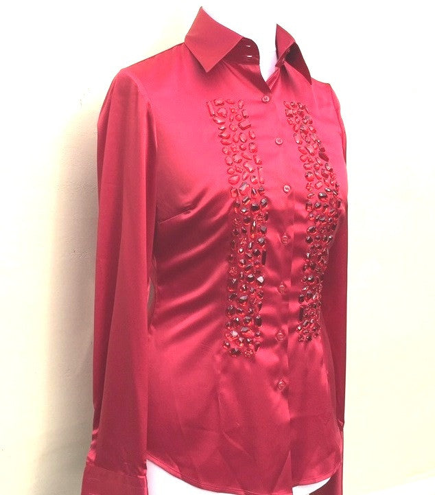 EMBROIDERED RED SATIN SHIRT - DOUBLE CUFF, size 14