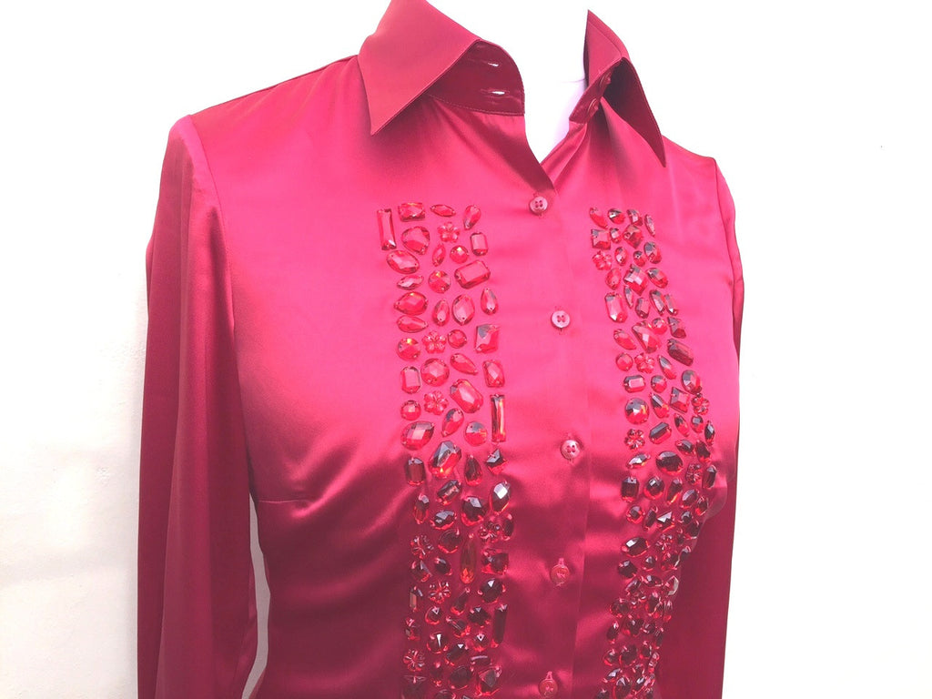 EMBROIDERED RED SATIN SHIRT - DOUBLE CUFF, size 14