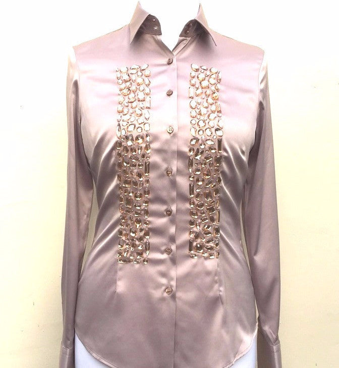 EMBROIDERED TAUPE SATIN SHIRT - DOUBLE CUFF
