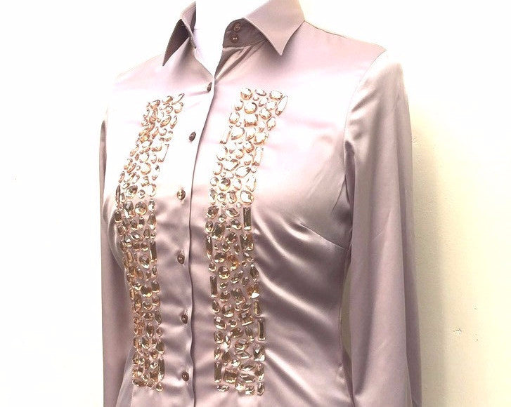 EMBROIDERED TAUPE SATIN SHIRT - DOUBLE CUFF