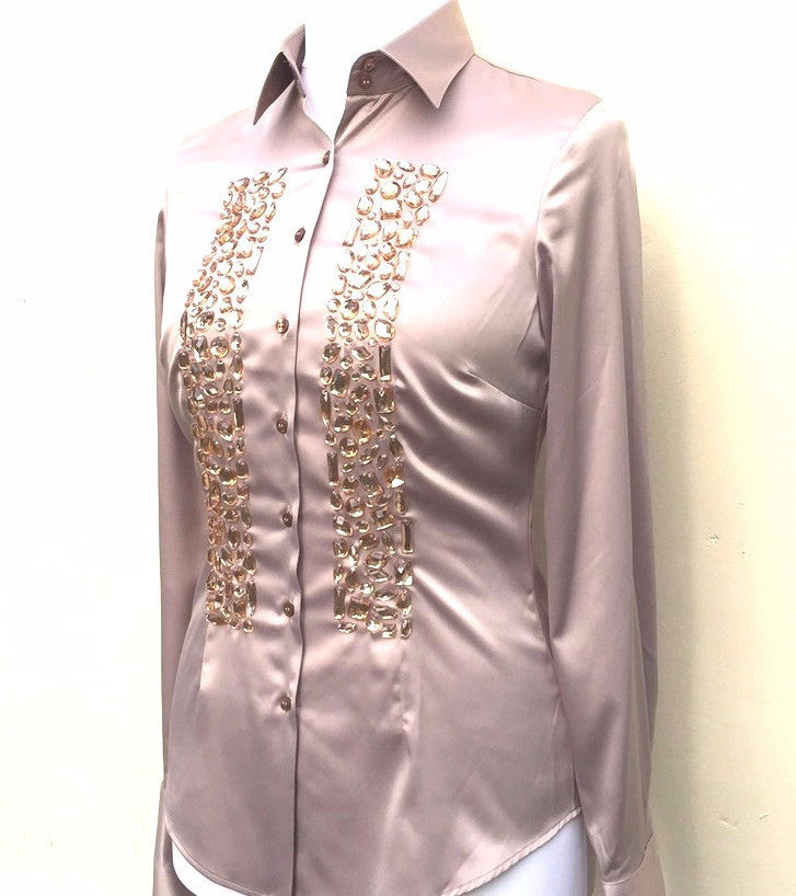 EMBROIDERED TAUPE SATIN SHIRT - DOUBLE CUFF