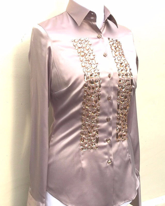 EMBROIDERED TAUPE SATIN SHIRT - DOUBLE CUFF