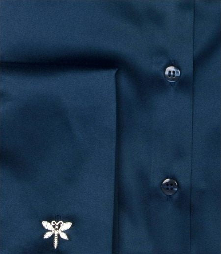 Luxury Navy Satin Shirt, Double Cuff