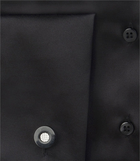 PLAIN BLACK FITTED SATIN SHIRT - DOUBLE CUFF