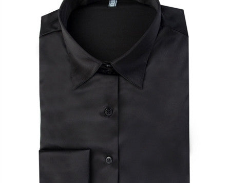 PLAIN BLACK FITTED SATIN SHIRT - DOUBLE CUFF