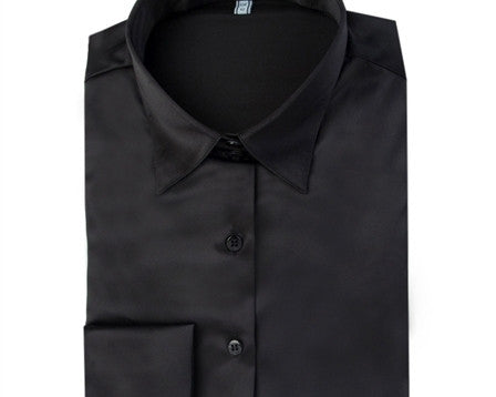 PLAIN BLACK FITTED SATIN SHIRT - DOUBLE CUFF, size 12
