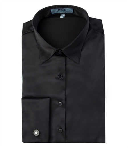 PLAIN BLACK FITTED SATIN SHIRT - DOUBLE CUFF, size 12