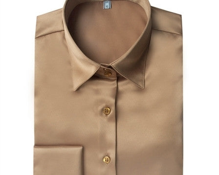 PLAIN CUMIN FITTED SATIN SHIRT - DOUBLE CUFF, size 8