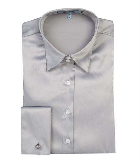 PLAIN HIGH RISE SILVER FITTED SATIN SHIRT, size 8