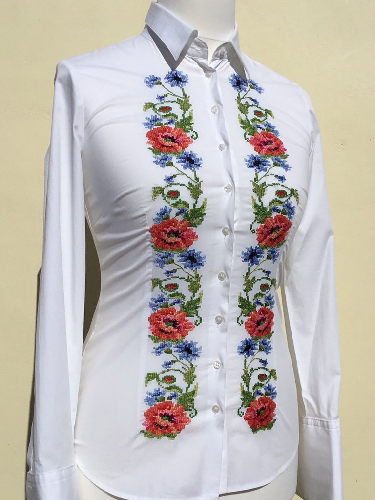 HAND EMBROIDERED WHITE SHIRT - DOUBLE CUFF