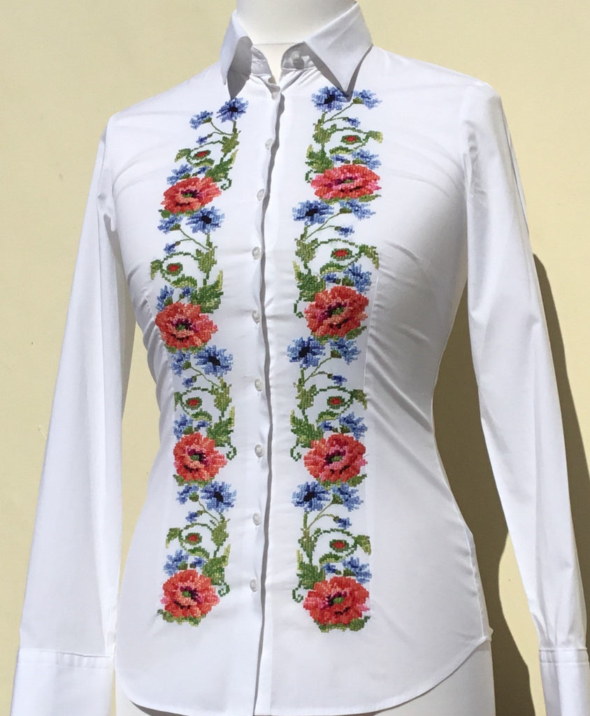 HAND EMBROIDERED WHITE SHIRT - DOUBLE CUFF