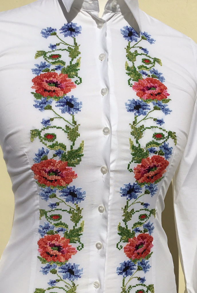 HAND EMBROIDERED WHITE SHIRT - DOUBLE CUFF