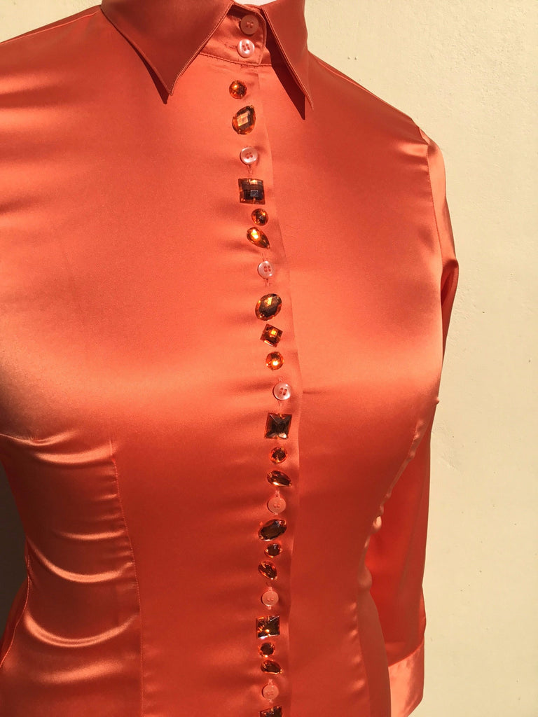 JEWELLERED BLUE SATIN SHIRT - SINGLE CUFF