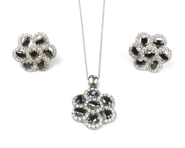 Black Flower silver Cufflinks and Necklace