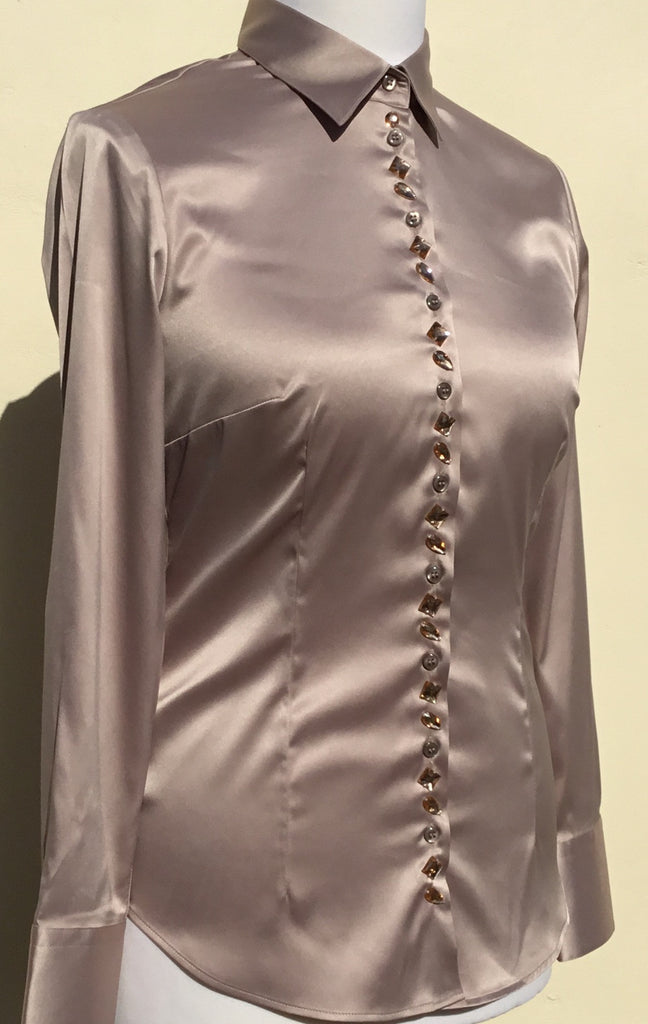 JEWELLERED TAUPE SATIN SHIRT - DOUBLE CUFF