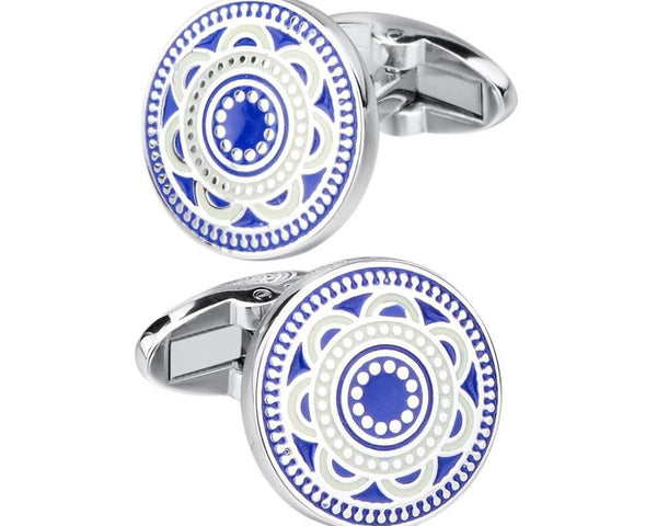 Enamel Pattern Blue Silver Cufflinks