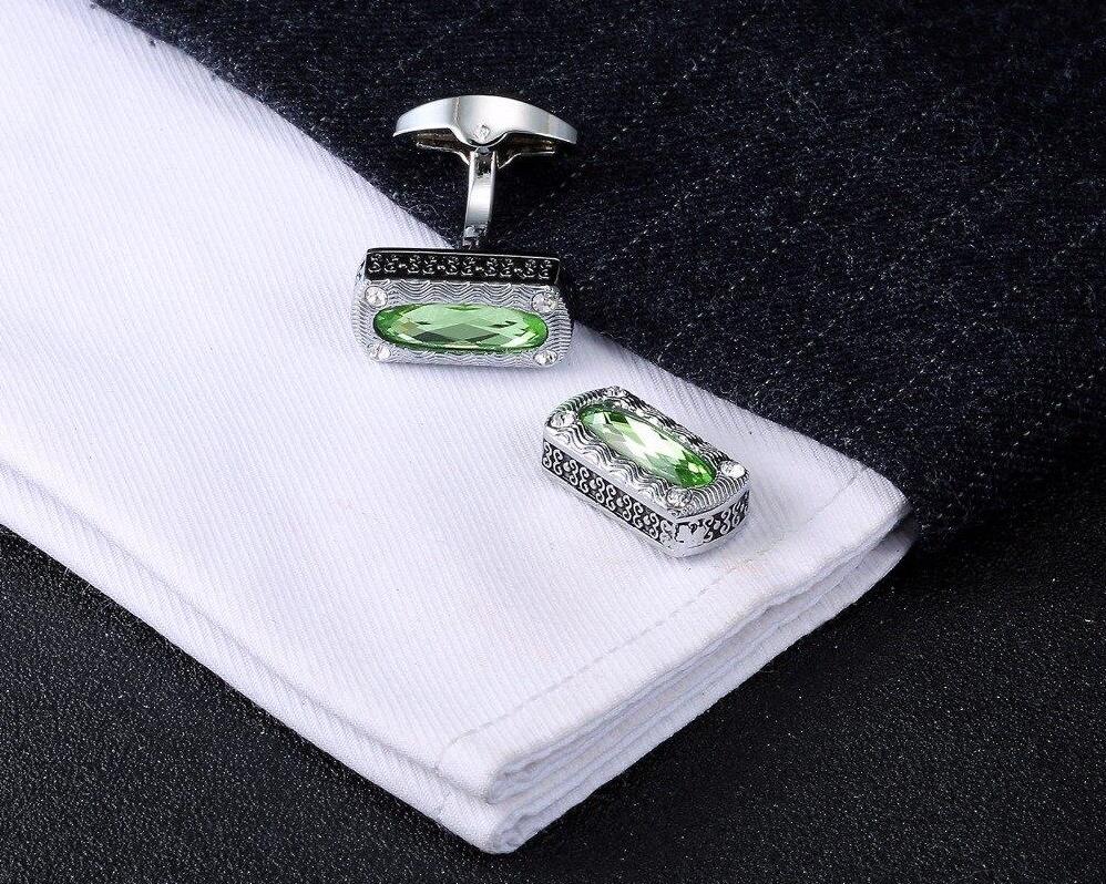 Green Crystal Silver Cufflinks