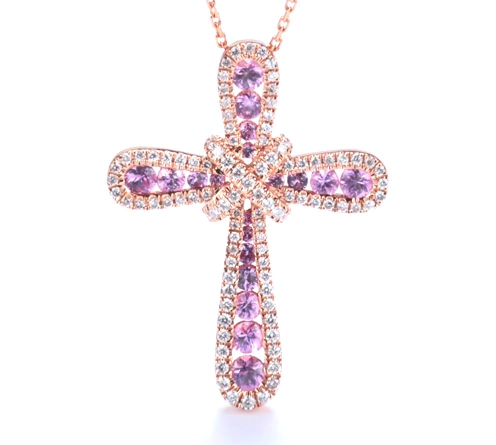 Pink Sapphire and Diamond Cross Pendant
