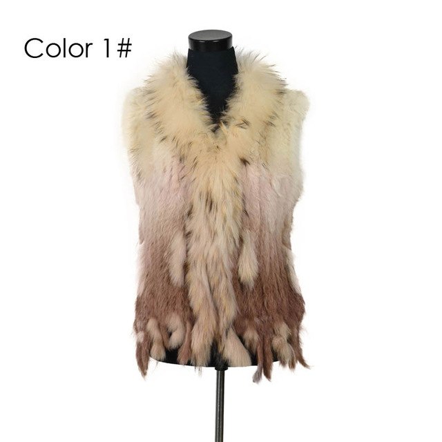 Rabbit fur vest  with raccoon fur collar