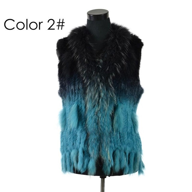 Rabbit fur vest  with raccoon fur collar