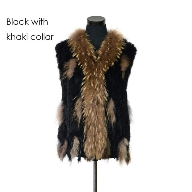 Rabbit fur vest  with raccoon fur collar