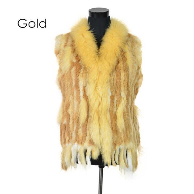 Rabbit fur vest  with raccoon fur collar