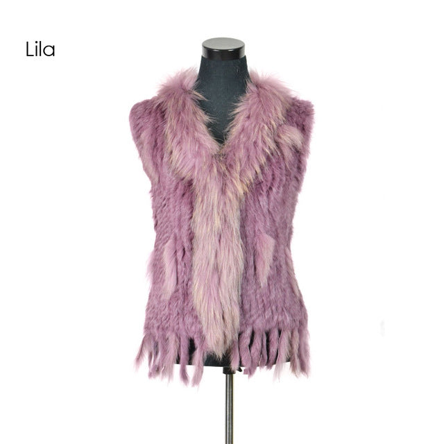 Rabbit fur vest  with raccoon fur collar