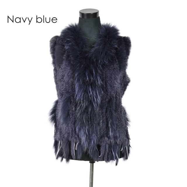 Rabbit fur vest  with raccoon fur collar