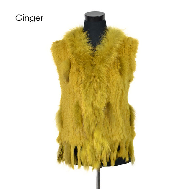 Rabbit fur vest  with raccoon fur collar