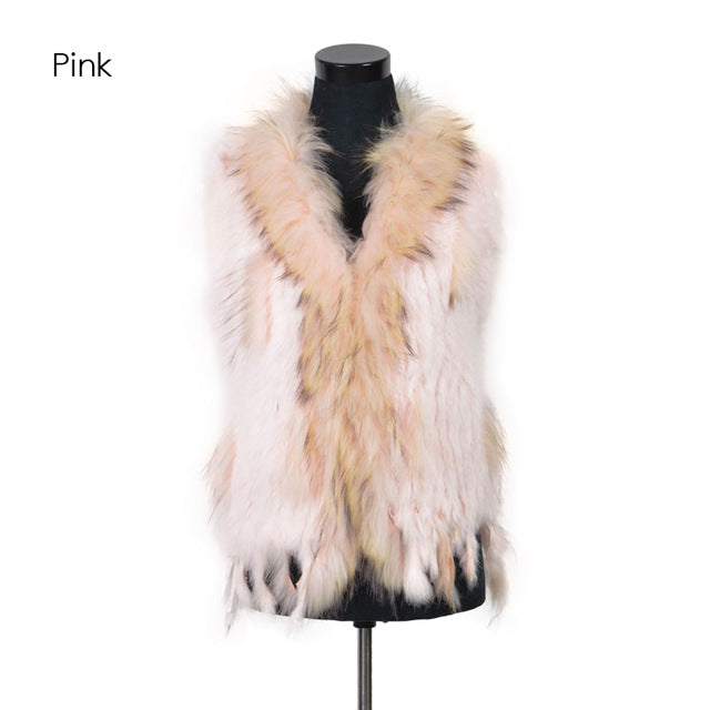 Rabbit fur vest  with raccoon fur collar