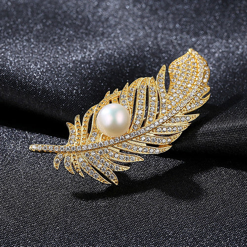 Natural Pearl Gold 925 Sterling SilverPave Feather Brooch