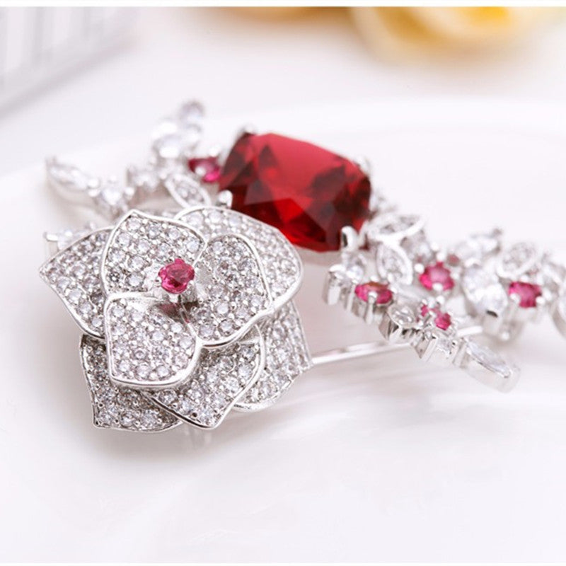 Red Cubic Zircon Crystal Flower Brooch