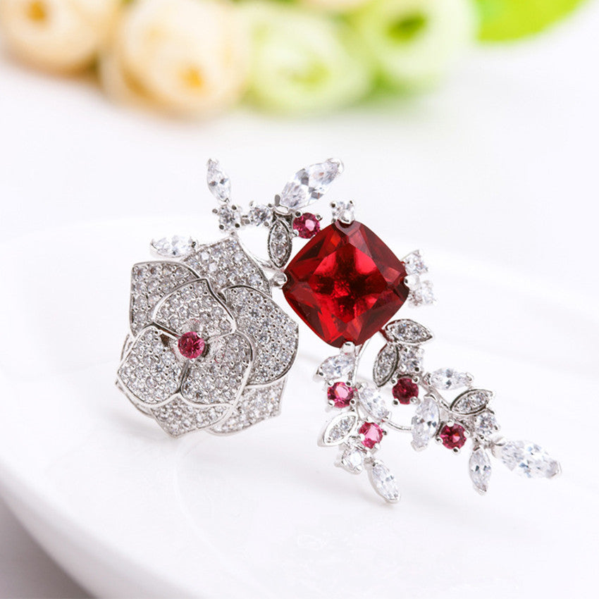 Red Cubic Zircon Crystal Flower Brooch