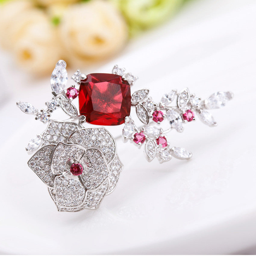 Red Cubic Zircon Crystal Flower Brooch