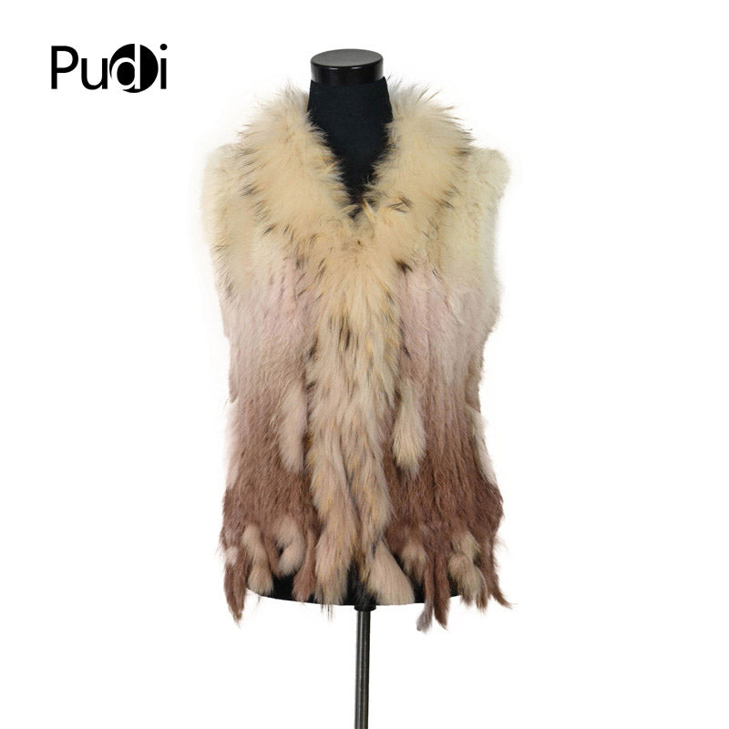 Rabbit fur vest  with raccoon fur collar