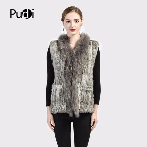 Rabbit fur vest  with raccoon fur collar