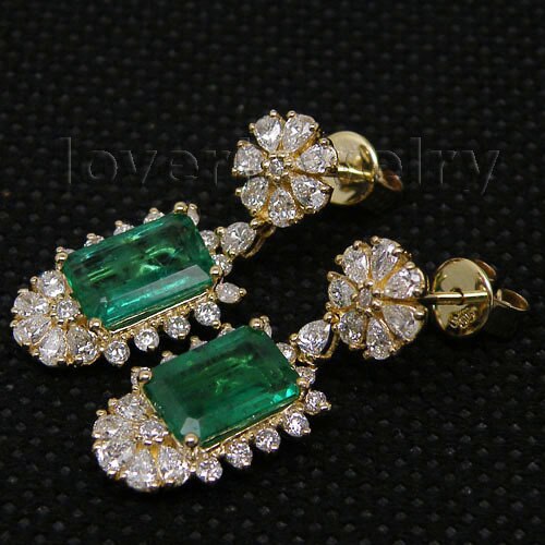 Emerald and Diamond 585 Gold Drop Earrings