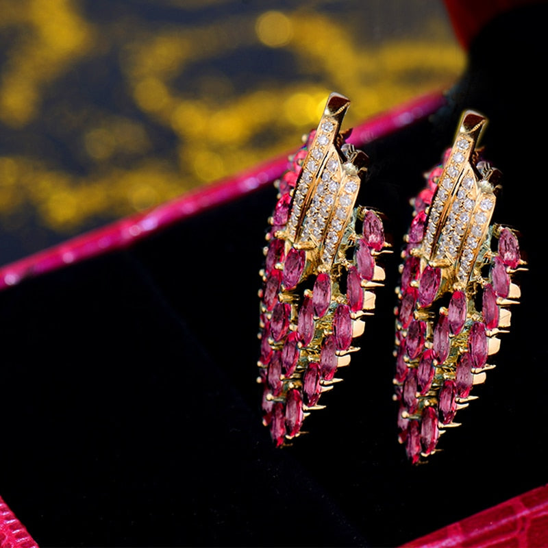 Pink Red Ruby and Diamond Earrings