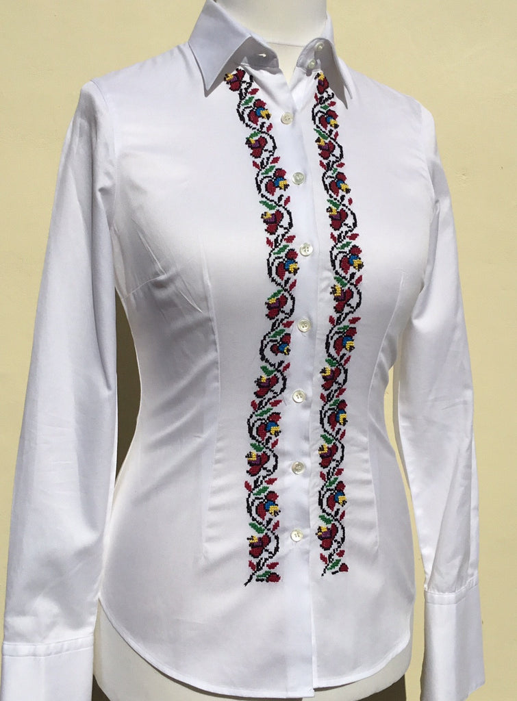 HAND EMBROIDERED WHITE SHIRT - DOUBLE CUFF