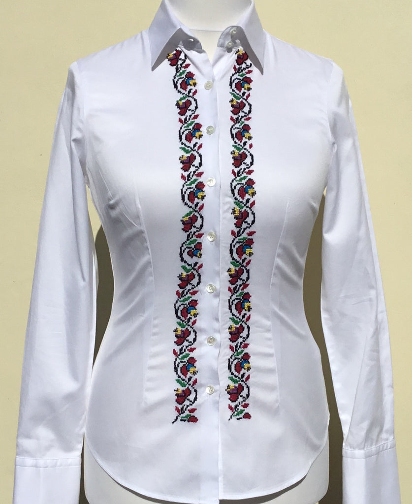 HAND EMBROIDERED WHITE SHIRT - DOUBLE CUFF