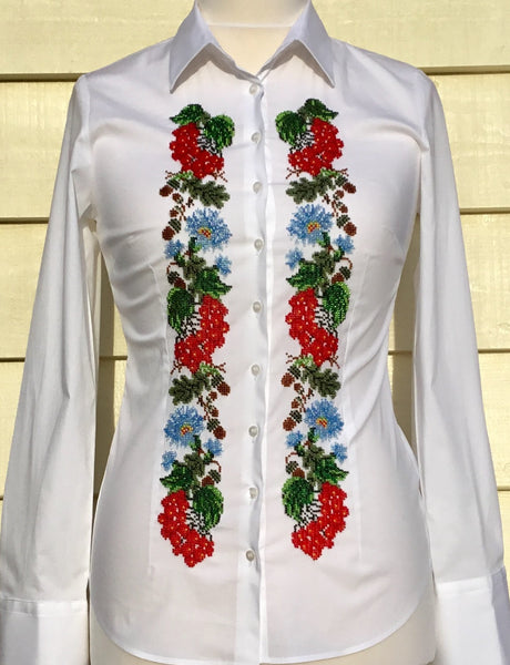 HAND EMBROIDERED WHITE SHIRT WITH BEADS - DOUBLE CUFF