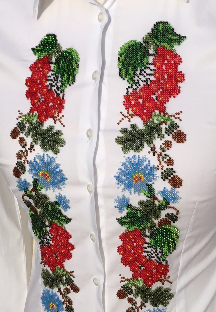 HAND EMBROIDERED WHITE SHIRT WITH BEADS - DOUBLE CUFF