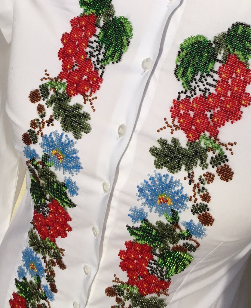 HAND EMBROIDERED WHITE SHIRT WITH BEADS - DOUBLE CUFF