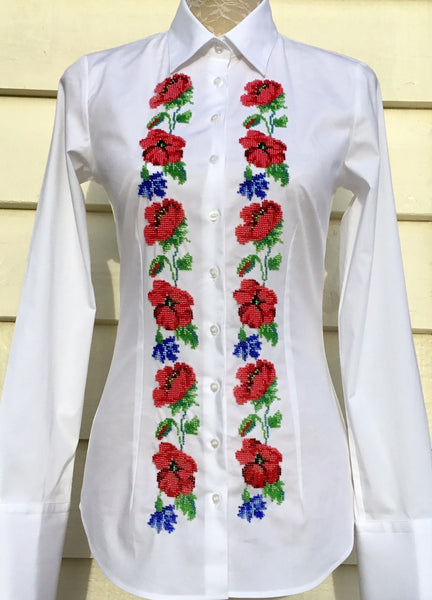 HAND EMBROIDERED WHITE SHIRT WITH BEADS - DOUBLE CUFF