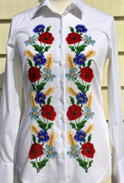 HAND EMBROIDERED WHITE SHIRT WITH BEADS - DOUBLE CUFF