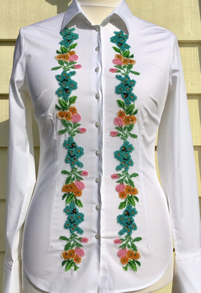 HAND EMBROIDERED WHITE SHIRT WITH BEADS - DOUBLE CUFF