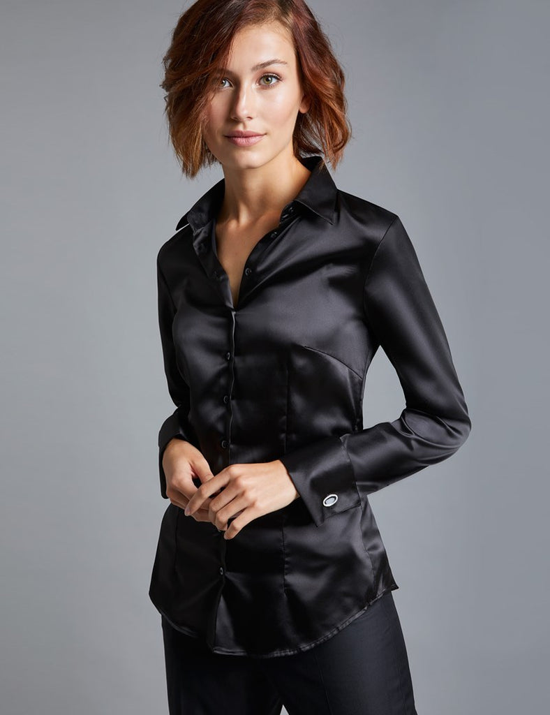 PLAIN BLACK FITTED SATIN SHIRT - DOUBLE CUFF